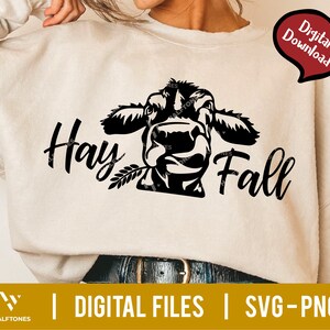 May include: Black and white digital design featuring a cow's face with the text "Hay Fall".