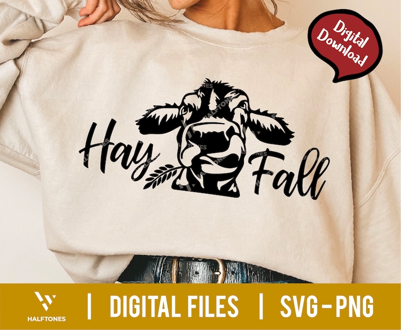 May include: Black and white digital design featuring a cow's face with the text "Hay Fall".