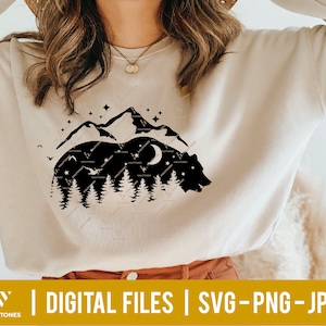 Bear mountain and tree svg, night nature svg, wildlife forest scene svg, adventure hunting svg, mama bear svg, camping time | Digital files