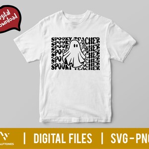 May include: A white t-shirt with a black graphic of a ghost holding a pencil and the text "Spooky Teacher" repeated in a pattern.