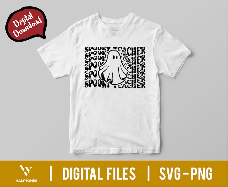 May include: A white t-shirt with a black graphic of a ghost holding a pencil and the text "Spooky Teacher" repeated in a pattern.