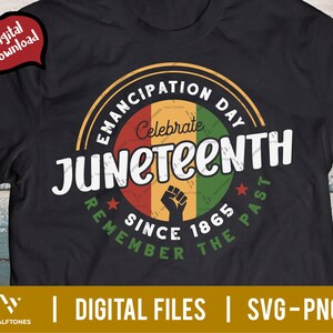 May include: Black t-shirt with a red, yellow, green, and black circle design. The circle says "Emancipation Day Celebrate Juneteenth Remember the Past Since 1865".