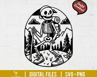 Skeleton Hiking SVG, Funny Skull Camping Svg, Hike More Worry Less Svg, Retro Skull Hiker, Retro Summer Svg, Camping Svg, Hiking Shirt Svg