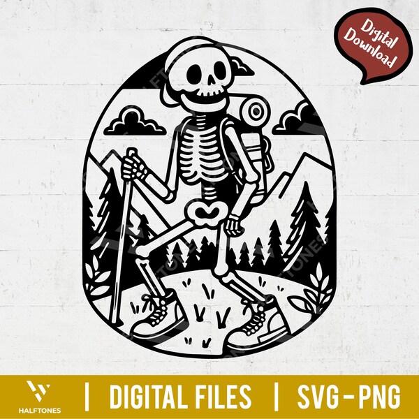 Skeleton Hiking SVG, Funny Skull Camping Svg, Hike More Worry Less Svg, Retro Skull Hiker, Retro Summer Svg, Camping Svg, Hiking Shirt Svg