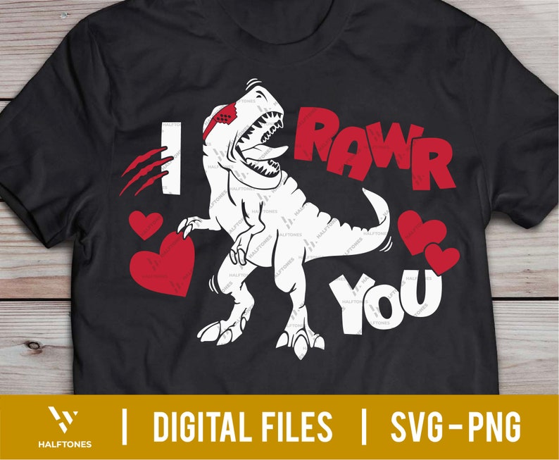 May include: Black t-shirt with a white dinosaur graphic and the text "I RAWr You" in red and white. The dinosaur has a red bandage over its eye.