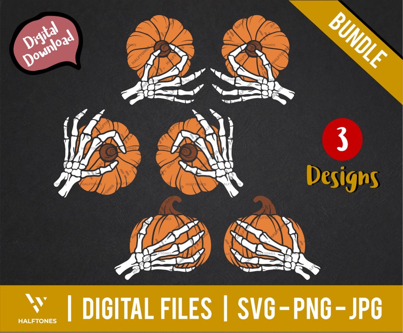 May include: A set of three digital designs featuring a skeleton hand holding a pumpkin. The pumpkins are orange and the skeleton hands are white. The text "BUNDLE 3 Designs" is in the top right corner of the image.