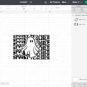 May include: Black and white design of a ghost holding a pencil with the words "Spooky Teacher" repeated around it.
