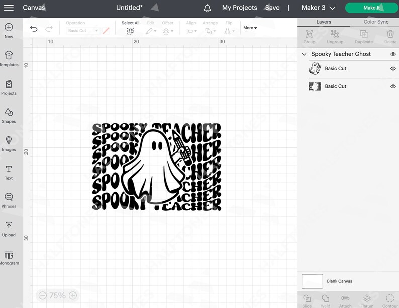May include: Black and white design of a ghost holding a pencil with the words "Spooky Teacher" repeated around it.