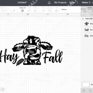 May include: Black and white silhouette of a cow's head with the text "Hay Fall" underneath. The cow is looking to the right and has a sprig of hay in its mouth.