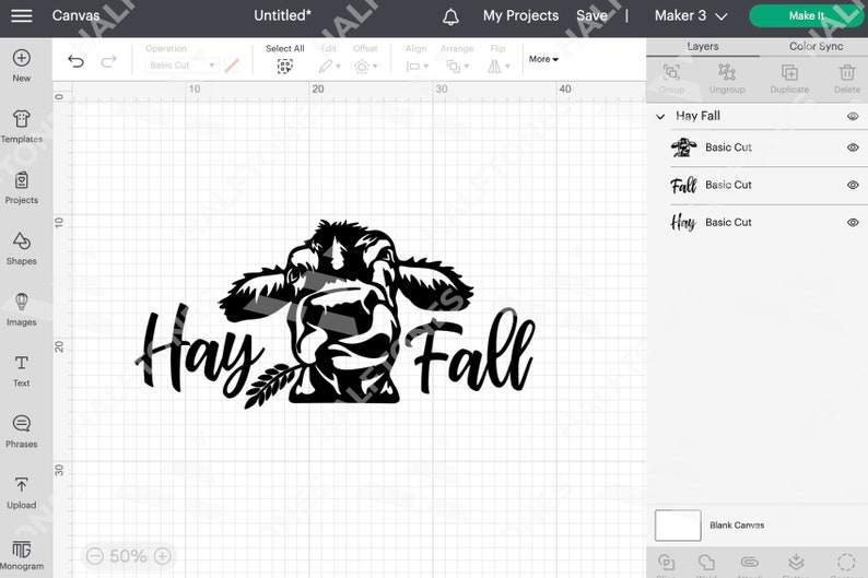 May include: Black and white silhouette of a cow's head with the text "Hay Fall" underneath. The cow is looking to the right and has a sprig of hay in its mouth.