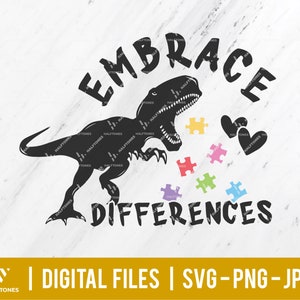 May include: Black silhouette of a dinosaur with the text "Embrace Differences" in a bold, handwritten font. The dinosaur is facing left and has its mouth open. There are colorful puzzle pieces scattered around the dinosaur and two hearts.