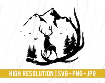 Elk Deer Antler Scene SVG, Wildlife cut file, hunting mountain and tree svg, outdoor adventure traveller svg Instant download digital files
