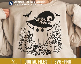 May include: A beige sweatshirt featuring a black graphic of a ghost wearing a witch hat, surrounded by pumpkins, flowers, and bats. The text "DIGITAL FILES | SVG-PNG" is at the bottom. The design is available in four versions.
