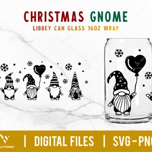 Christmas Gnomes Coffee Glass Wrap Svg, Merry Christmas svg, Cute Gnome can glass svg, Libbey can shaped glass 16oz wrap | Digital cut file