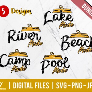 Könnte beinhalten: Ein Satz von fünf digitalen Designs mit einer gelben Dose mit dem Text "Lake Mode", "River Mode", "Beach Mode", "Camp Mode" und "Pool Mode" in schwarzer Schrift.