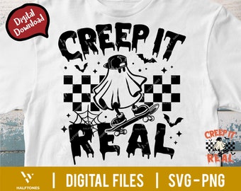 Retro Creep it real SVG, Ghost Skateboarding svg, Boy halloween svg, Trick Or Treat Svg, Spooky Vibes Svg, Funny Halloween svg |Digital file