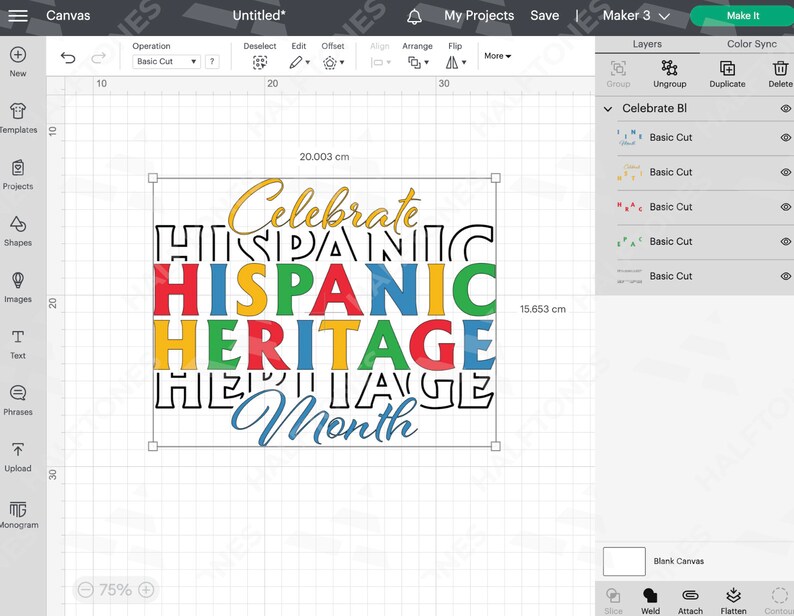 May include: A digital design for a graphic that says "Celebrate Hispanic Heritage Month" in colorful letters. The design is in a square shape and is ready to be cut out on a Cricut machine.