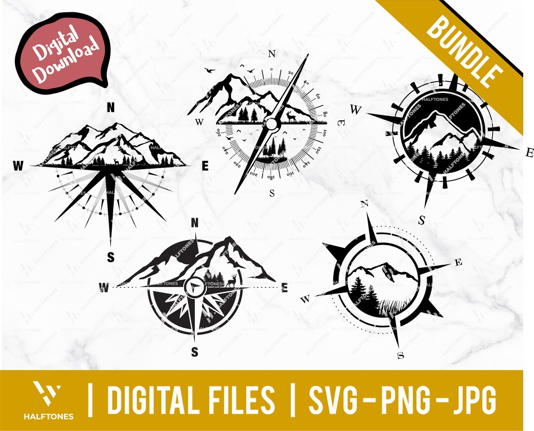 Nature Compass Template.pdf Mountain and Tree Nature Compass, Wildlife Svg, Wanderlust Svg ...