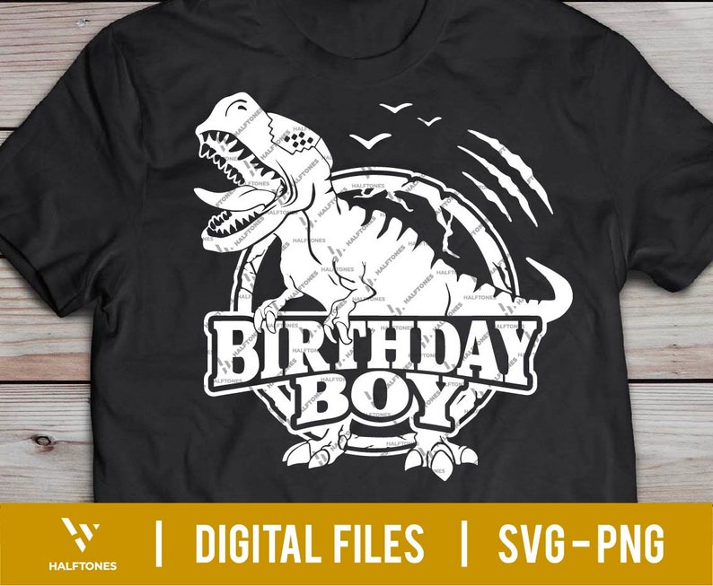 May include: Black t-shirt with a white graphic of a dinosaur with the text "Birthday Boy" in a circle around it.