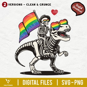 May include: A skeleton riding a dinosaur with rainbow heart sunglasses. The dinosaur is holding a rainbow pride flag. The image is in a grunge style.