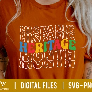 May include: A brown t-shirt with a white outline of the words "HISPANIC HERITAGE MONTH" in colorful letters.