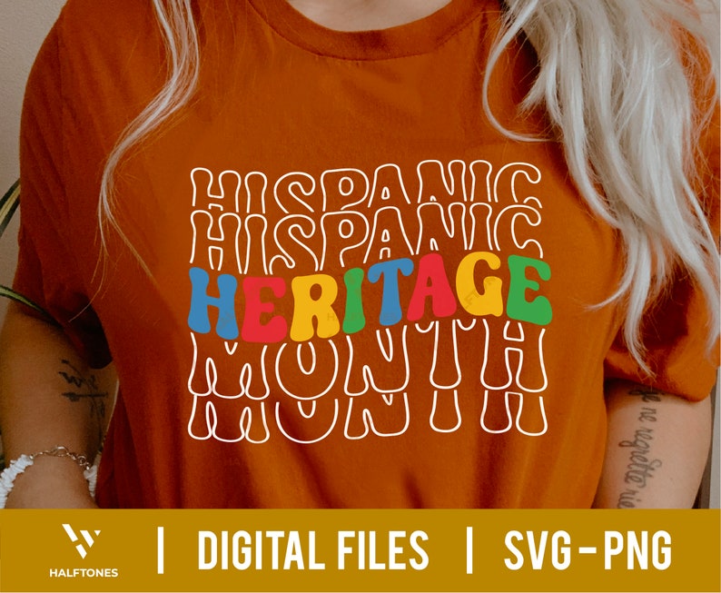 May include: A brown t-shirt with a white outline of the words "HISPANIC HERITAGE MONTH" in colorful letters.