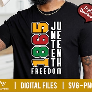 May include: Black t-shirt with a graphic design featuring the numbers 1865 in red, yellow, and green, with the words "Juneteenth" and "Freedom" in white text.
