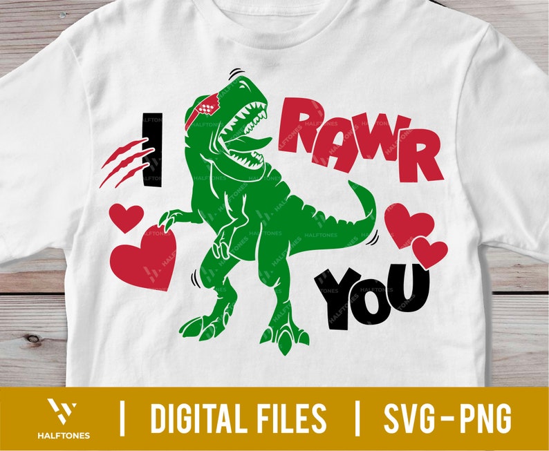 May include: A white t-shirt with a green dinosaur wearing a red bandana and the words "Rawr You" in black and red. The dinosaur has a heart in its mouth and there are hearts around it.