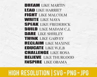 Puede incluir: Gráfico de texto en blanco y negro con las palabras "Dream like Martin", "Lead like Harriet", "Fight like Malcolm", "Write like Maya", "Speak like Frederick", "Build like Madam C.J.", "Dare like Shirley", "Think like Garvey", "Reclaim like Maxine", "Educate like W.E.B", "Challenge like Rosa", "Believe like Thurgood" y "Inspire like Obama". El texto está en negrita y está dispuesto en una columna vertical. El texto está sobre un fondo blanco. Las palabras "High Resolution | SVG - PNG - JPG" están en la parte inferior del gráfico.