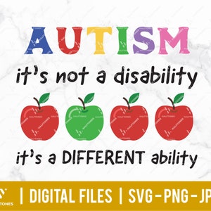 May include: A graphic design with the text "AUTISM it's not a disability it's a DIFFERENT ability" in black text. The word "AUTISM" is in rainbow colors. There are four red apples with green leaves below the text.