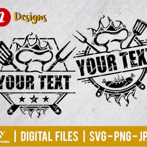May include: Two black and white designs for a grilling or barbecue themed logo. Both designs feature a chef's hat, crossed grilling tools, and flames. The text "YOUR TEXT" is included in both designs.