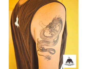 Geometric Dragon Temporary Tattoo, Large Dragon Tattoo for Men on Upper Arm, Chinese Dragon Fake Tattoo, Elegant Dragon Tattoo Sleeve