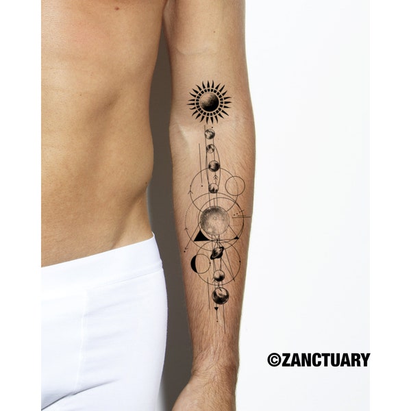 2 tatouage géométrique galaxie tatouage planète tatouage demi tatouage manche avant-bras tatouage hommes tatouage temporaire manche tatouages temporaires Tätowierung