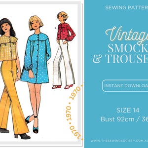 PDF Digital Download Sewing Pattern - Vintage 1970s Womens Smock & Trousers, Blouse, Top, Tunic, 3603 - Size 14, Bust 92cm, 36in