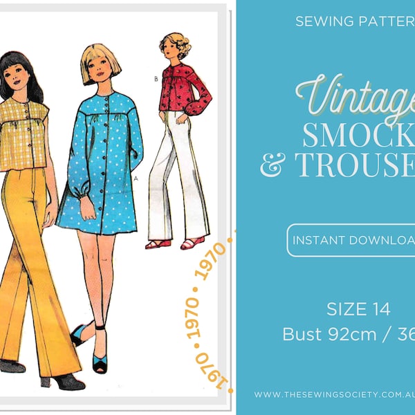 PDF Digital Download Sewing Pattern - Vintage 1970s Womens Smock & Trousers, Blouse, Top, Tunic, 3603 - Size 14, Bust 92cm, 36in