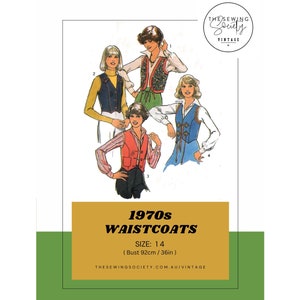 May include: Vintage sewing pattern for 1970s waistcoats, size 14 (bust 36 inches). The pattern shows four women wearing different styles of waistcoats.