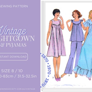 PDF Digital Download Sewing Pattern - Vintage 1970s Nightdress & Pajamas, 1797 - Size 8/10, Bust 80-83cm, 31.5-32.5in
