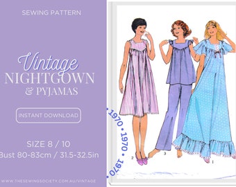 PDF Digital Download Sewing Pattern - Vintage 1970s Nightdress & Pajamas, 1797 - Size 8/10, Bust 80-83cm, 31.5-32.5in