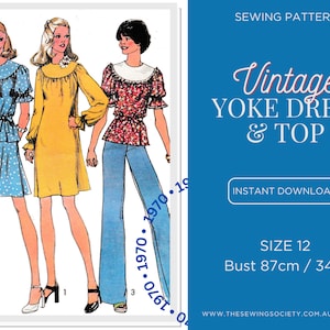PDF Digital Download Sewing Pattern - Vintage 1970s Women&#39;s Yoke Dress & Top - 6796 - Size 12, Bust 87cm, 34in