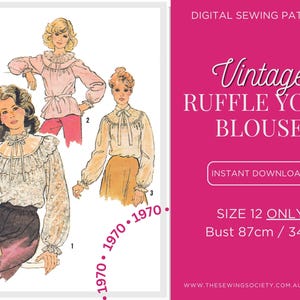 May include: A digital sewing pattern for a vintage ruffle yoke blouse. The pattern includes three illustrations of the blouse in different colors and styles. The pattern is for size 12 only, with a bust measurement of 34 inches or 87 centimeters.