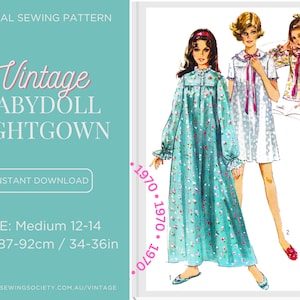 Puede incluir: Patrón de costura vintage para un camisón estilo babydoll. El patrón incluye tres estilos diferentes de camisones, todos con mangas largas y estampado floral. El patrón es para una talla mediana, 12-14, con una medida de busto de 87-92 cm.