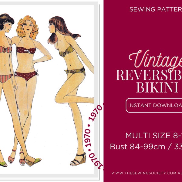 PDF Digital Download Sewing Pattern - Vintage 1970s Reversible Bikini, Swimwear, AU/UK Sizes 8-14