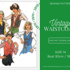 PDF Digital Download Sewing Pattern - Vintage 1970s Womens Waistcoat Vest, 1619 - Size 14, Bust 92cm, 36in