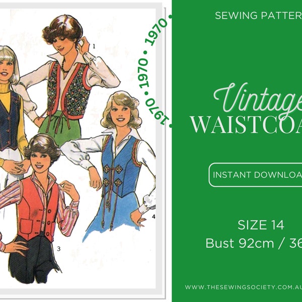 PDF Digitale Download Naaipatroon - Vintage jaren 1970 Dames Gilet Vest, 1619 - Maat 14, Buste 92cm, 36in