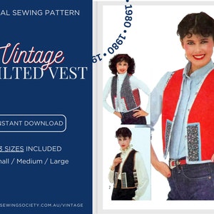 May include: A digital sewing pattern for a vintage quilted vest. The pattern includes three sizes: small, medium, and large. The image shows three models wearing different versions of the vest.