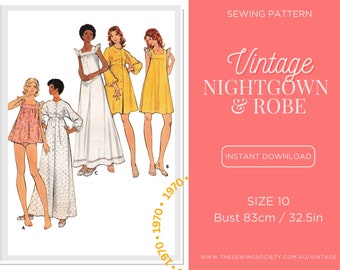 PDF Digital Download Sewing Pattern - Vintage 1970s Nightdress & Robe Dress, 3160, 5744 - Size 10, Bust 32.5in, 83cm