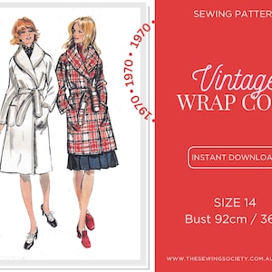PDF Digital Download Sewing Pattern - Vintage 1970s Womens Wrap Coat, Overcoat - 9815 - Size 14, Bust 92cm, 36in