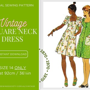 PDF Digital Download Sewing Pattern - Vintage 1970s Women&#39;s Square Neck Sundress, button down dress, puff - 4115 - Size 14, Bust 92cm, 36in