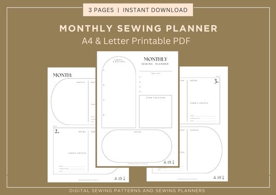 Monthly Sewing Planner: Goal Tracker, Productivity Printable (PDF Digital Download)