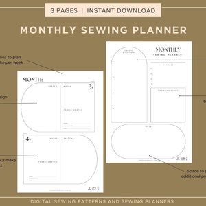 Puede incluir: Un planificador de costura digital con un dise&ntilde;o minimalista. El planificador incluye secciones para planificar dise&ntilde;os, muestras de tela y detalles del proyecto. El texto de la imagen dice "MONTHLY SEWING PLANNER" y "DIGITAL SEWING PATTERNS AND SEWING PLANNERS."